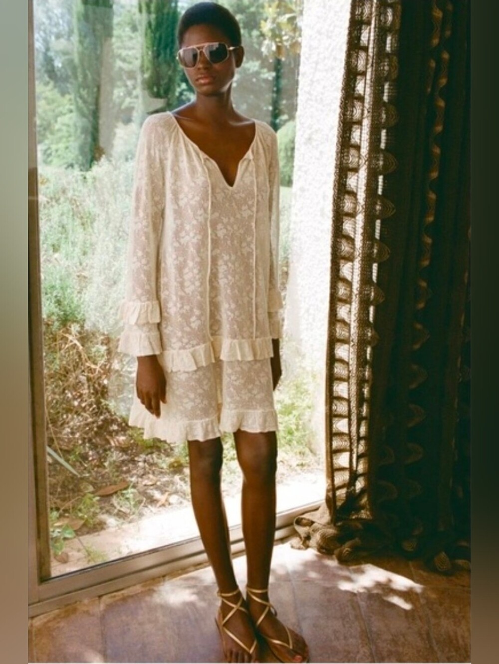 Sz L New Zara POINTELLE KNIT RUFFLE DRESS ECRU 0014/020